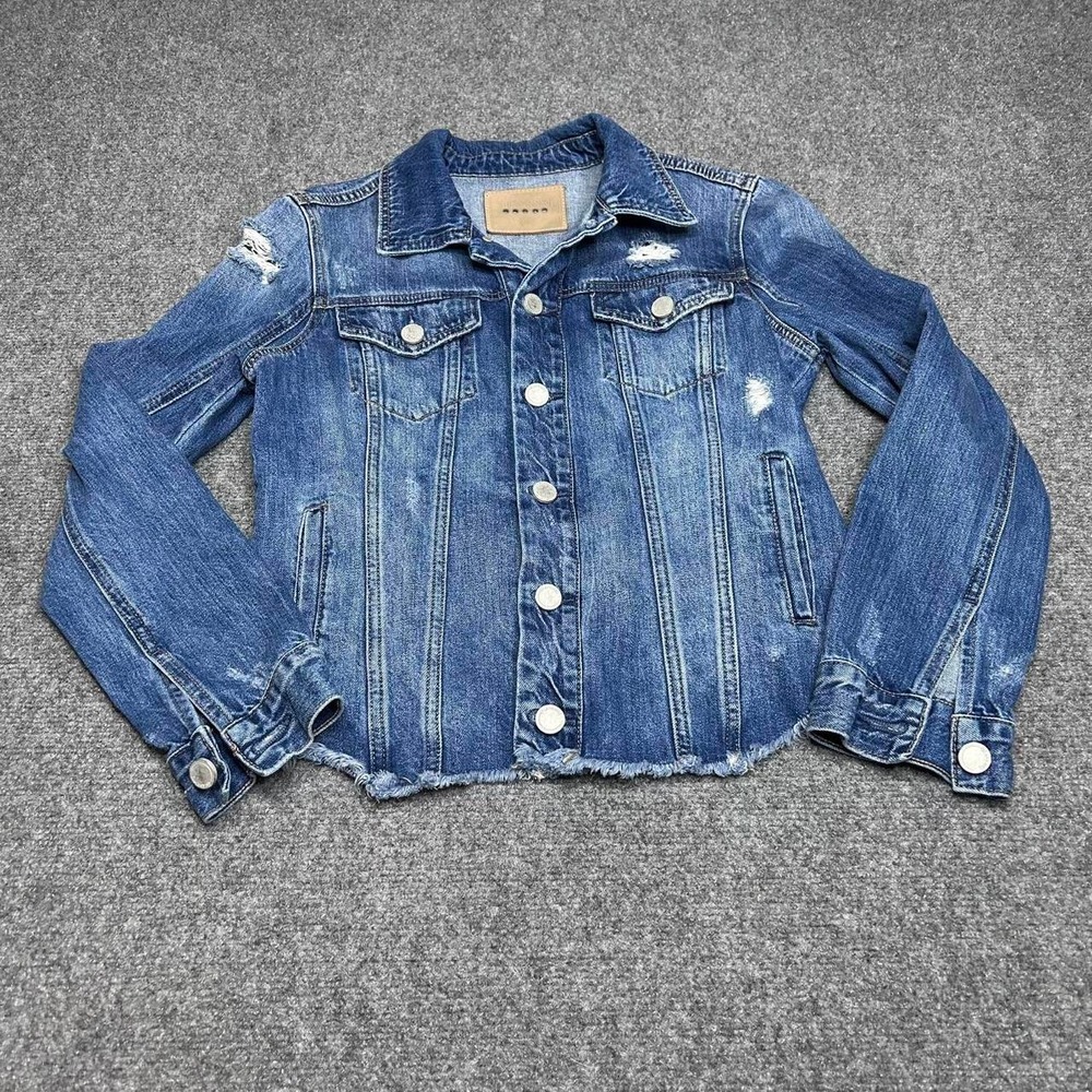 Blank NYC distressed denim jacket with raw hem. Size Extra Small
